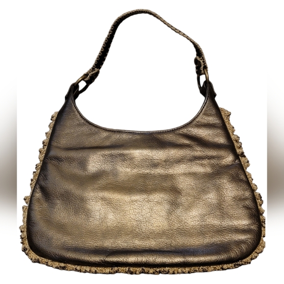 Isabella Fiore Gold Leather Satchel With Flower Appliqué - Picture 5 of 10